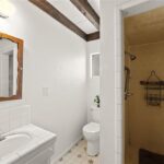 Bathroom with sink, mirror, toilet, and tile shower