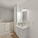 Bathroom with walk in tub, white sink vanity, mirror, and light walls