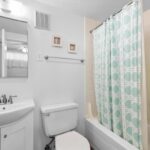 Bathroom with white sink, toilet, tub, and mint green shower curtain