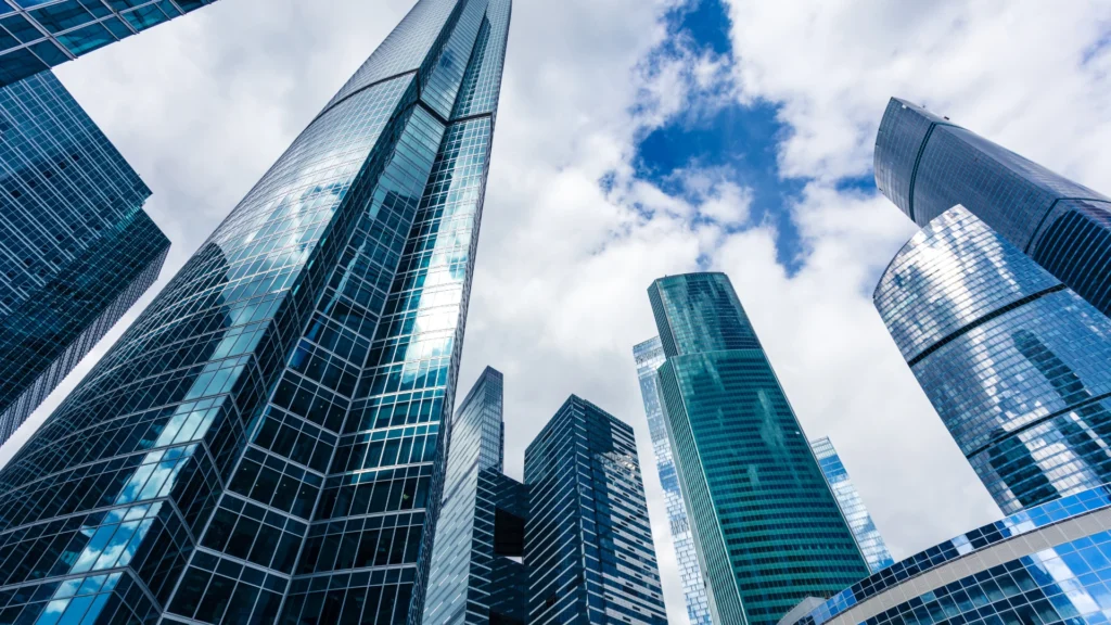 California city skyscrapers with glass walls and tall buildings