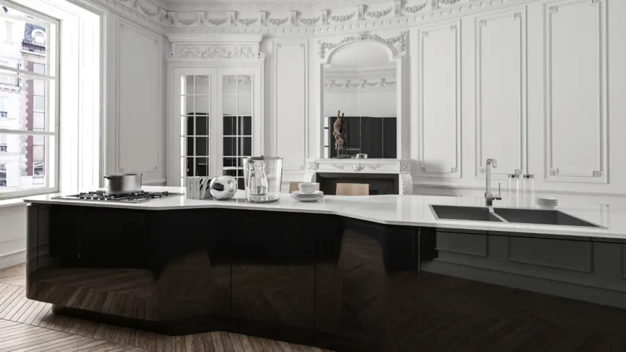 Kitchen with black island, white counter, white cabinets, and big windows